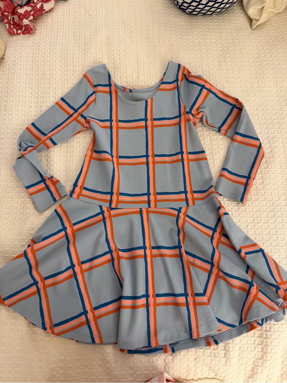 Tea Collection Blue Dress with Orange & Navy Plaid
